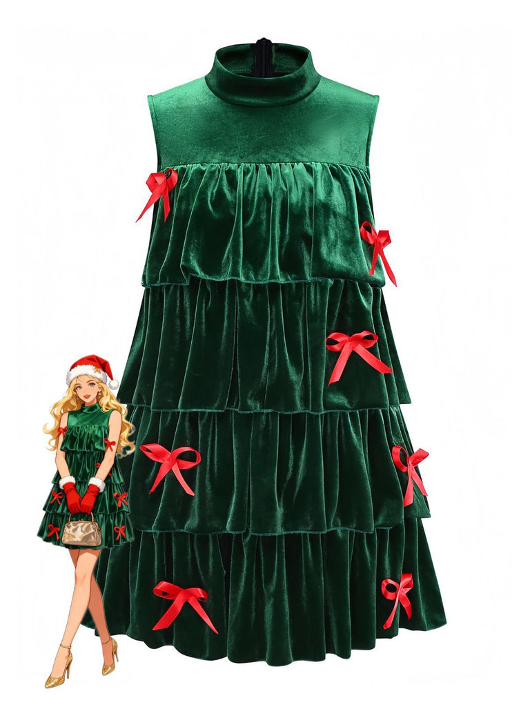 Retro Christmas Velvet Tree Dress Bowknot Sleeveless Dress with Hat & Wristband Dark Green Retro Christmas Velvet Tree Dress Bowknot Sleeveless Dress with Hat & Wristband Dark Green