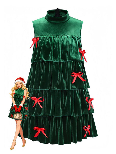 green velvet christmas dress Retro Christmas Velvet Tree Dress Bowknot Sleeveless Dress with Hat & Wristband Dark Green