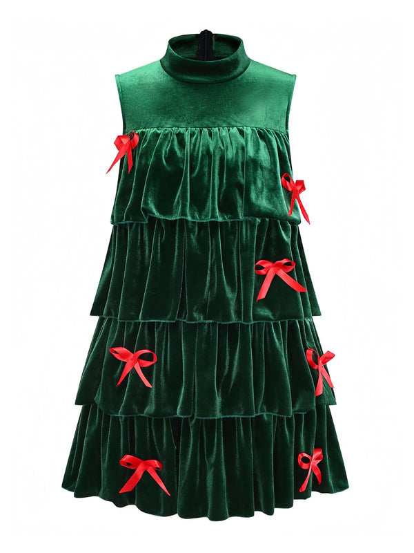 Retro Christmas Velvet Tree Dress Bowknot Sleeveless Dress with Hat & Wristband Dark Green