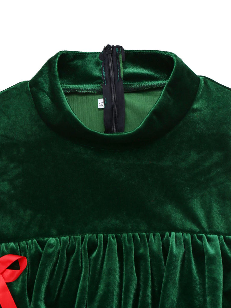 Green 1960s Velvet Bowknot Stand Collar Tiered Dress - vintage dress, retro fashion, elegant red