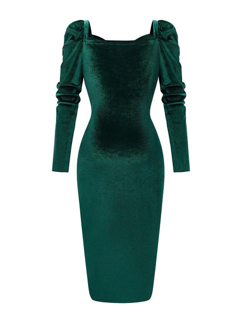 Vintage Sweetheart Ruched Velvet Bodycon Dress Retro Holiday Cocktail Dress Dark Green
