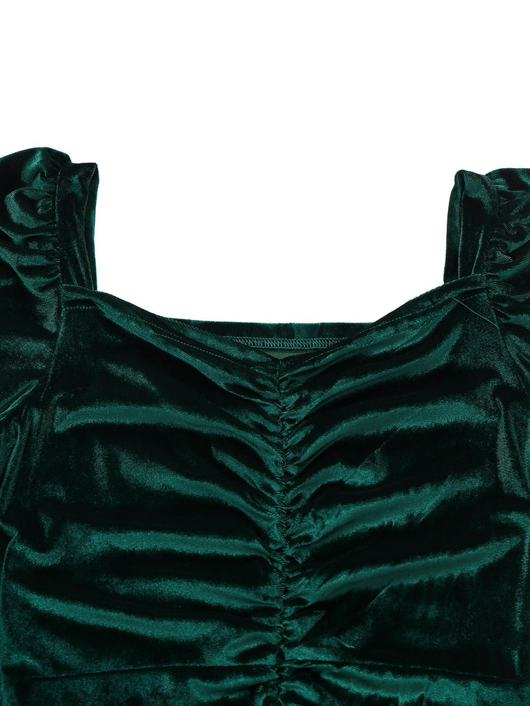Vintage Sweetheart Ruched Velvet Bodycon Dress Retro Holiday Cocktail Dress Dark Green