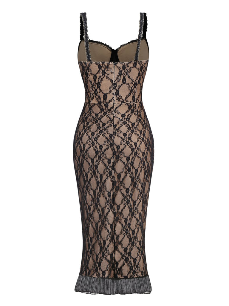 Khaki 1960s Lace Patchwork Spaghetti Strap Bodycon Dress - vintage dress, retro fashion