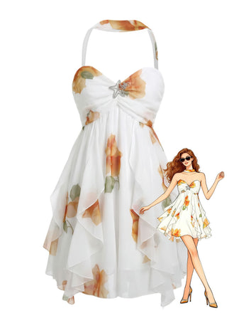 Light Yellow 1960s Halter Backless Irregular Hem Mini Dress - vintage dress, retro fashion