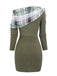 Olive Green 1960s Plaid Accent Button Detail Ribbed Dress - vintage dress, retro fashion