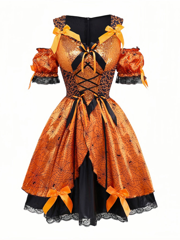 Orange 1960s Halloween Pumpkin Spiderweb Puff-Sleeve Dress - vintage dress, retro fashion