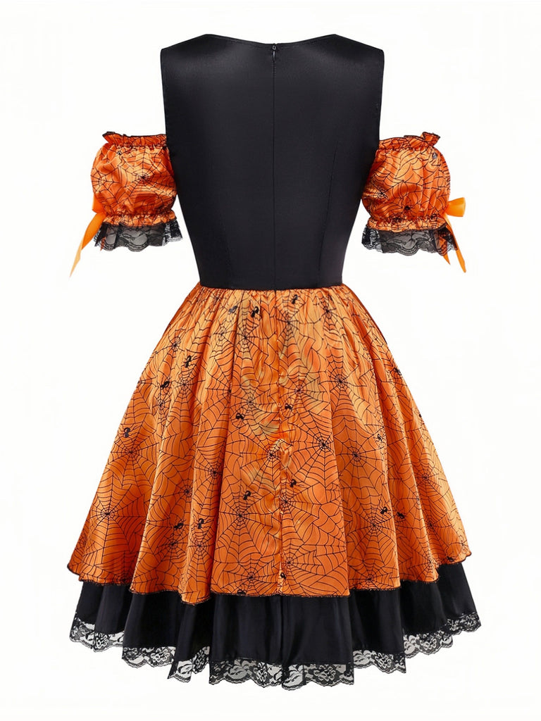 Orange 1960s Halloween Pumpkin Spiderweb Puff-Sleeve Dress - vintage dress, retro fashion