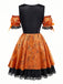Orange 1960s Halloween Pumpkin Spiderweb Puff-Sleeve Dress - vintage dress, retro fashion