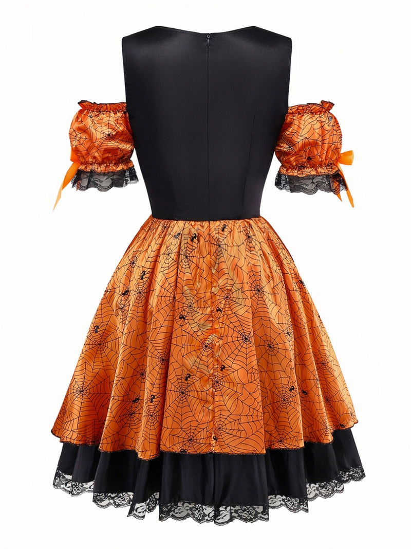 Halloween Pumpkin Spiderweb Puff-Sleeve Mini Dress