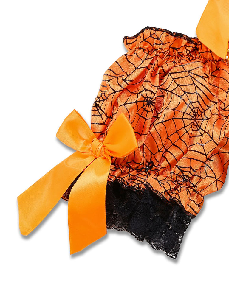 Orange 1960s Halloween Pumpkin Spiderweb Puff-Sleeve Dress - vintage dress, retro fashion