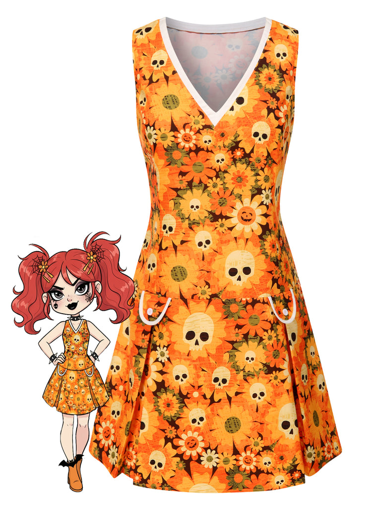Halloween Skull Floral Print V-Neck Dress Orange Halloween Skull Floral Print V-Neck Dress Orange