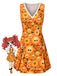 Orange 1960s Halloween Skull Floral Print V-Neck Dress - vintage dress, retro fashion