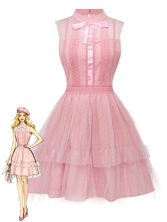 Pink 1960s Lace Trim Ribbon Bow Sleeveless Tulle Dress - vintage dress, retro fashion