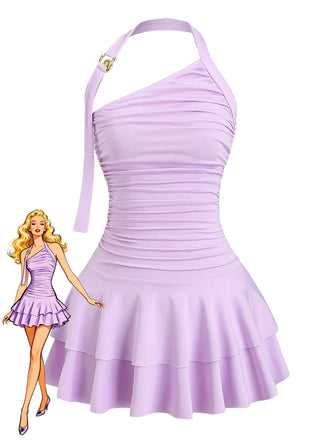 Purple 1960s Backless Ruffle Metal Detail Cake Dress - vintage dress, retro fashion