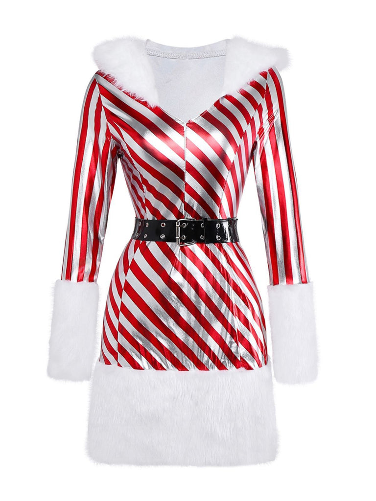 Christmas Candy Cane Costume Set Striped Hooded Mini Dress & Leg Warmers White&Red