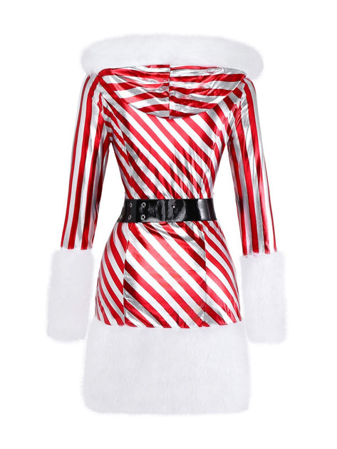 Christmas Candy Cane Costume Set Striped Hooded Mini Dress & Leg Warmers White&Red