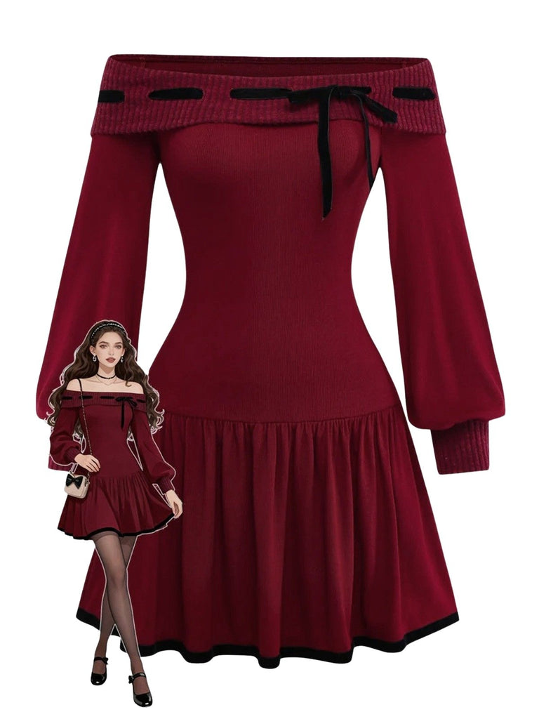 gothic off shoulder lantern mesh sleeve mini dress Red 1960s Off-Shoulder Bow Knit Lantern Sleeve Dress