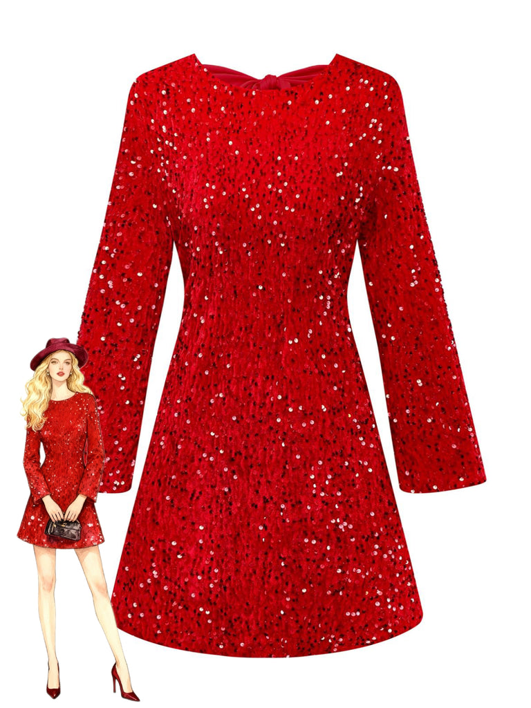 Retro Stage Sequined Round Neck Long Sleeve Back Bow Mini Dress Holiday Dress Red
