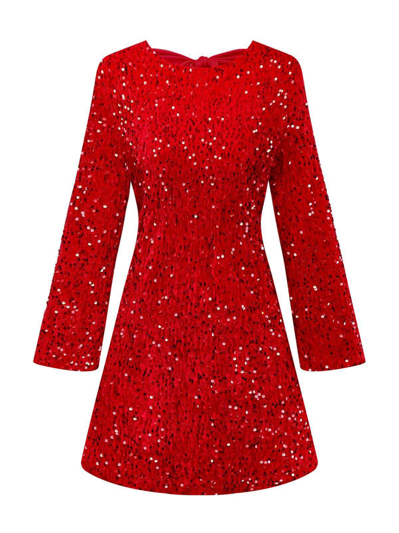 Retro Stage Sequined Round Neck Long Sleeve Back Bow Mini Dress Holiday Dress Red