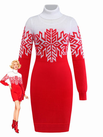 Red & White 1960s Snowflake Turtleneck Sweater Dress - vintage dress, retro fashion, elegant red