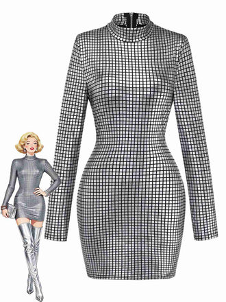 Silver 1960s Sparkly Square Sequin Mock Neck Mini Dress - vintage dress, retro fashion