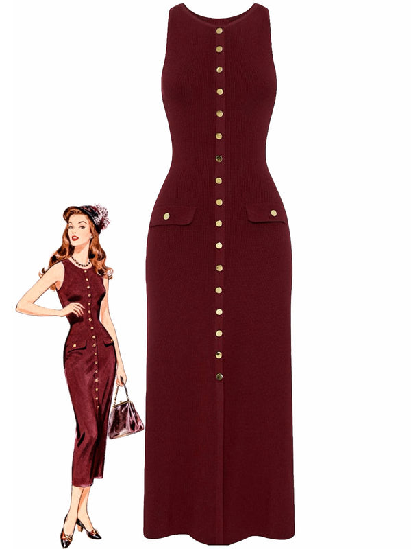 Women's Single-Breasted Solid Sleeveless Knitted Midi Dress