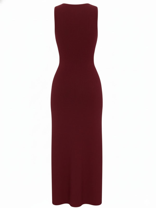Women's Single-Breasted Solid Sleeveless Knitted Midi Dress