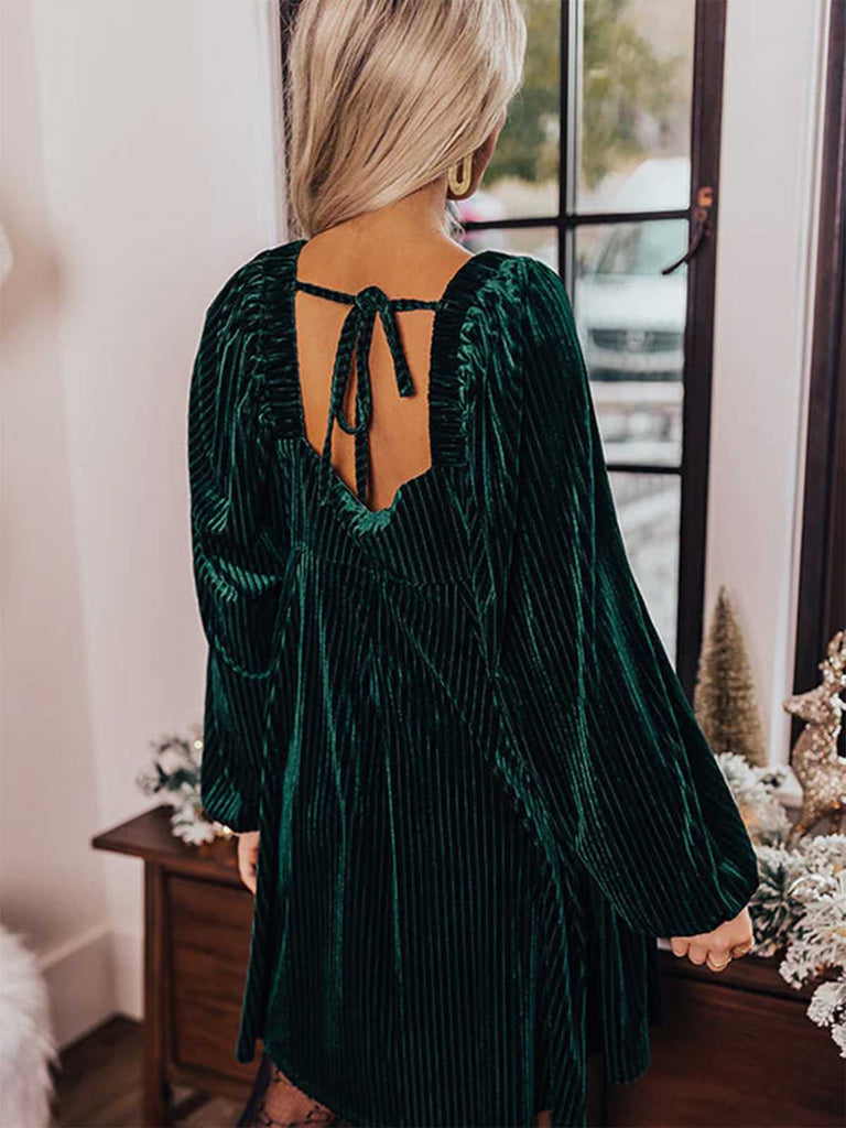 1960s Square Neck Puff Sleeve Velvet Pocket Babydoll Dress - vintage dress, retro fashion