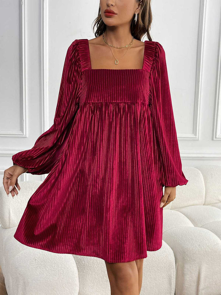1960s Square Neck Puff Sleeve Velvet Pocket Babydoll Dress - vintage dress, retro fashion