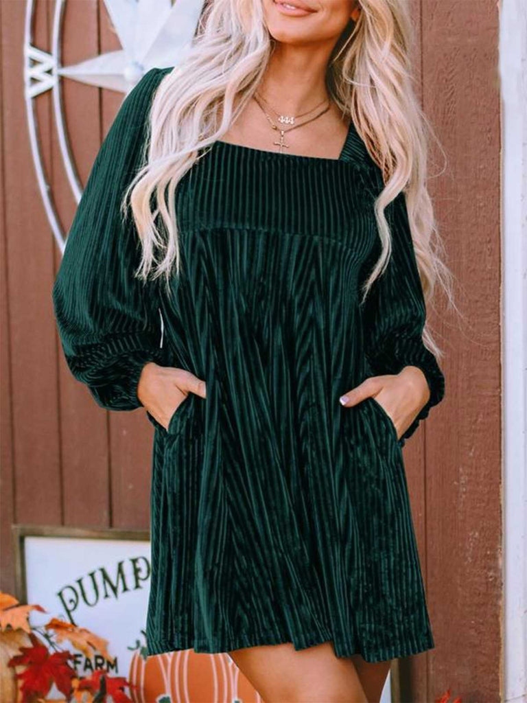 1960s Square Neck Puff Sleeve Velvet Pocket Babydoll Dress - vintage dress, retro fashion