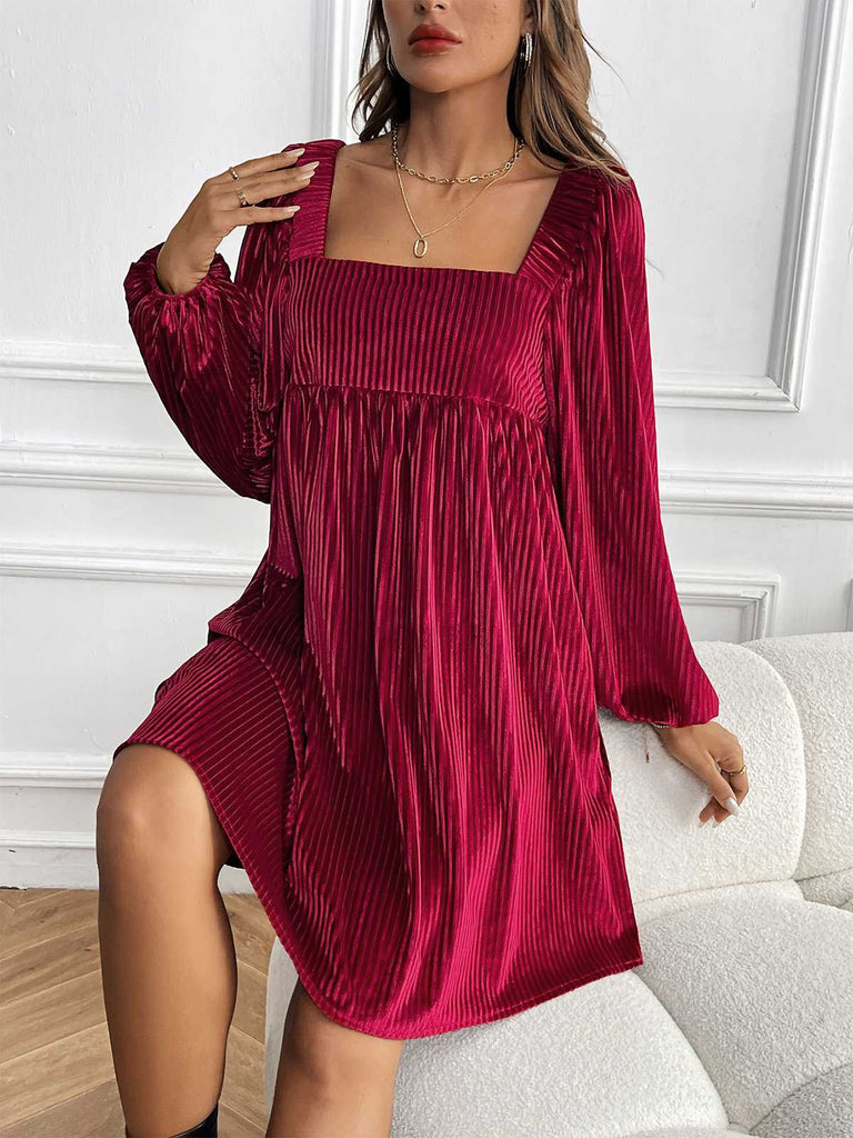 1960s Square Neck Puff Sleeve Velvet Pocket Babydoll Dress - vintage dress, retro fashion