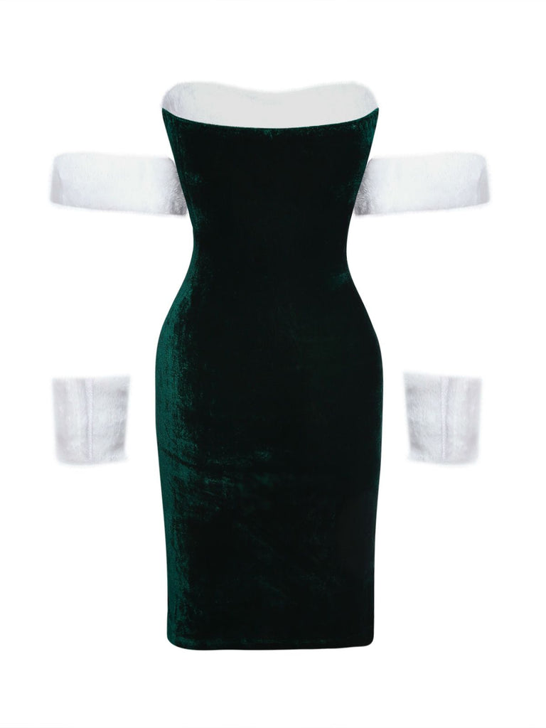 1960s Strapless Velvet Christmas Fur Trim Bow Dress Set - vintage dress, retro fashion