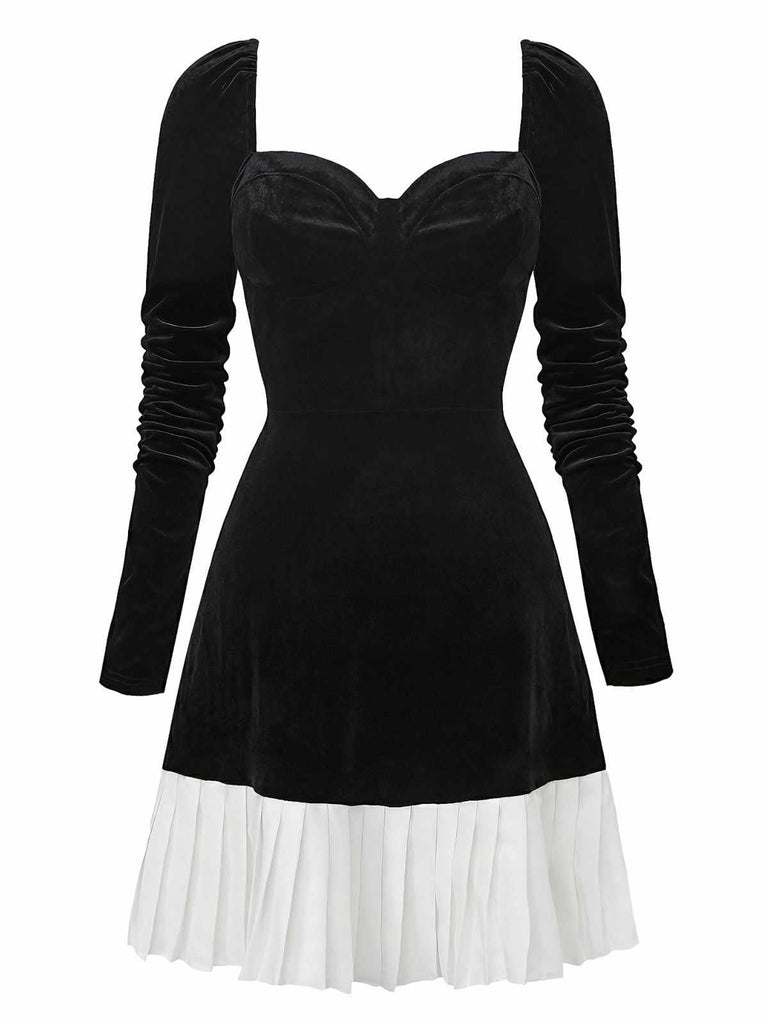 1960s Sweetheart Neck Contrast Velvet Pleated Hem Dress - vintage dress, retro fashion