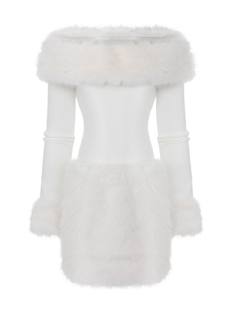 White Fuzzy Dress | Off-Shoulder Long Sleeve Mini Dress with Faux Fur Trim White Fuzzy Dress | Off-Shoulder Long Sleeve Mini Dress with Faux Fur Trim