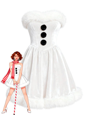 White 1960s Snowman Velvet Plush Trim Strapless Dress - vintage dress, retro fashion, pure white