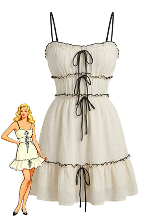 White 1960s Textured Ruffled Spaghetti Strap Mini Dress - vintage dress, retro fashion, elegant red