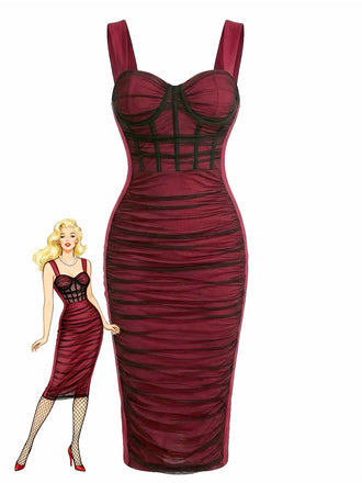 Wine Red 1960s Color Block Bodycon Ruched Mesh Dress - vintage dress, retro fashion, elegant red