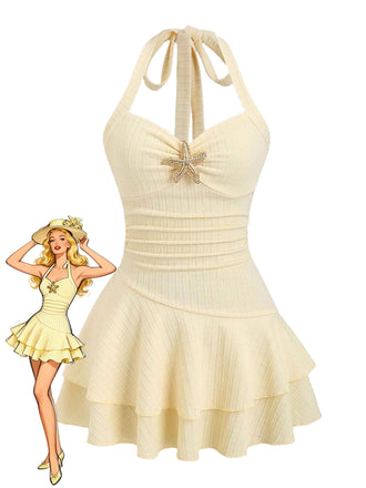 Yellow 1960s Textured Metal Starfish Halter Layered Mini Dress - vintage dress, retro fashion, elegant red