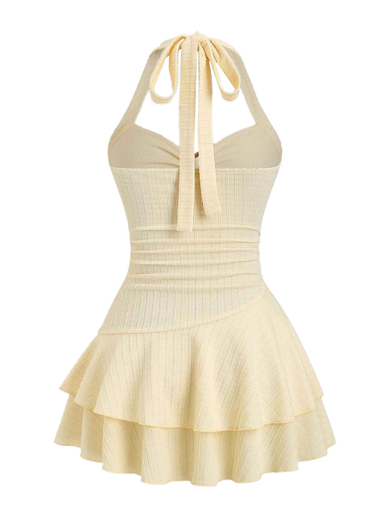 Yellow 1960s Textured Metal Starfish Halter Layered Mini Dress - vintage dress, retro fashion, elegant red