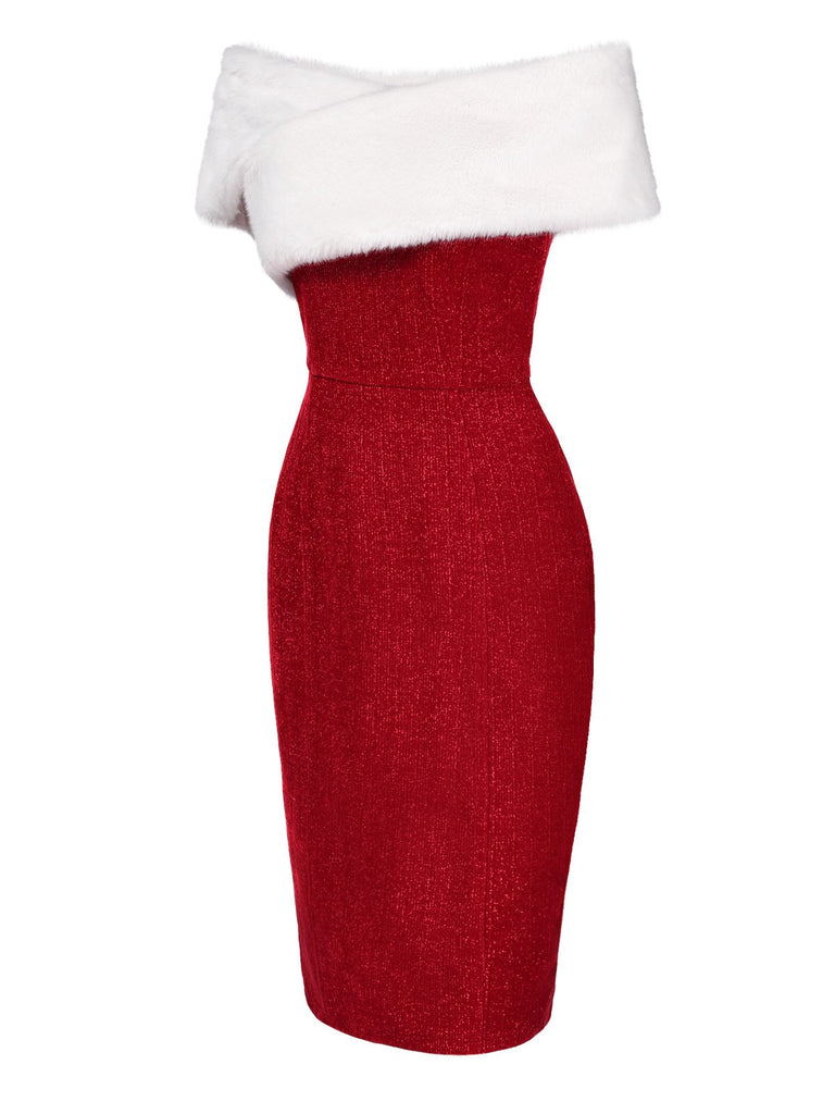 Retro Christmas Dress Faux Fur Off-Shoulder Bodycon Dress Santa Claus Costume Red,L Retro Christmas Dress Faux Fur Off-Shoulder Bodycon Dress Santa Claus Costume Red,L