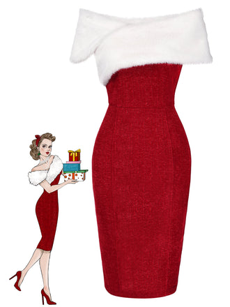 She slips into this 1960s Faux Fur Off-Shoulder Dress and suddenly it's a 1960s daydream