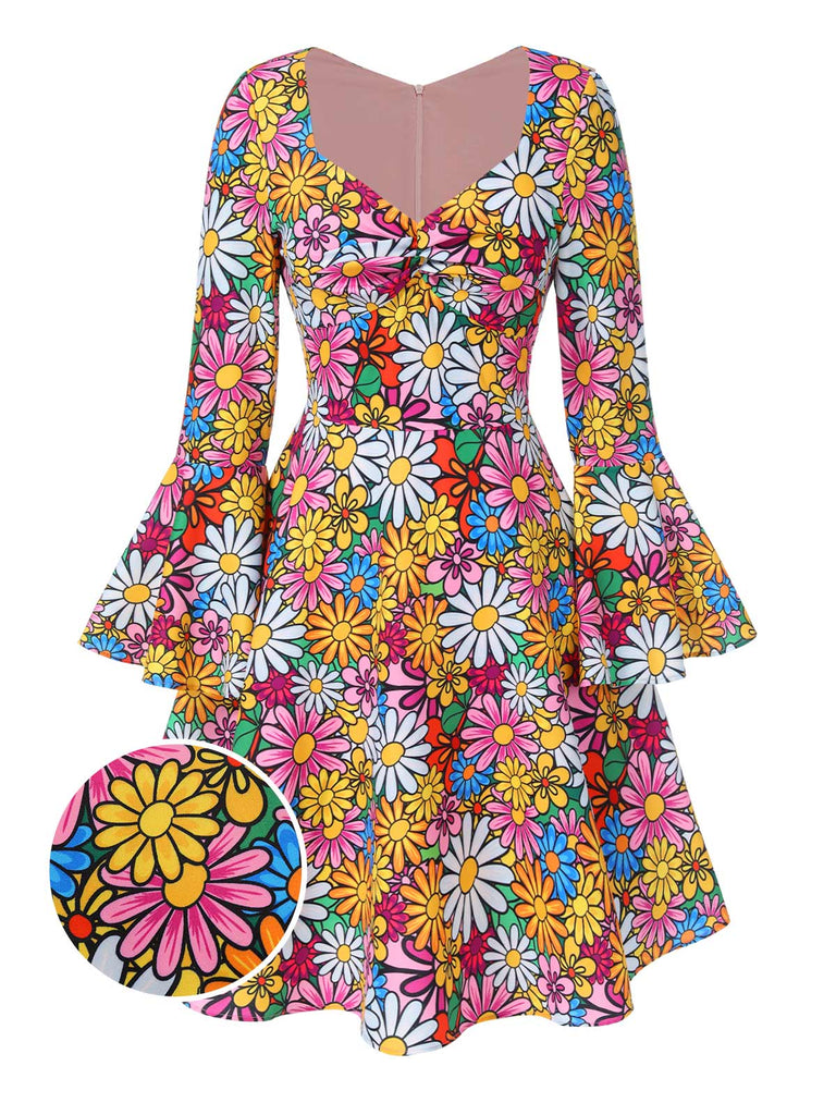 70s Costume Hippie Floral Bell Sleeve Mini Dress 70s Costume Hippie Floral Bell Sleeve Mini Dress