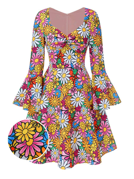 chinese dress ladies 1960s Flare Sleeve Colorful Daisy Dress