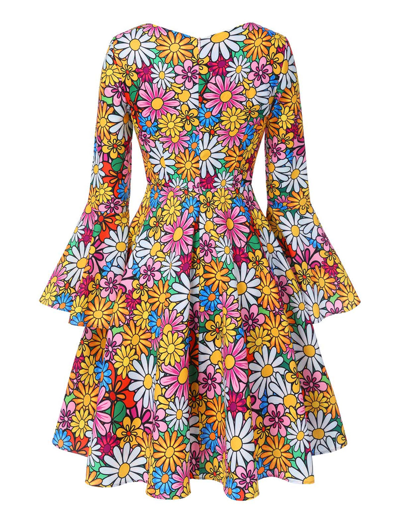 Vintage 60s Hippie Daisy Floral Bell Sleeve Mini Dress 70s Outfit