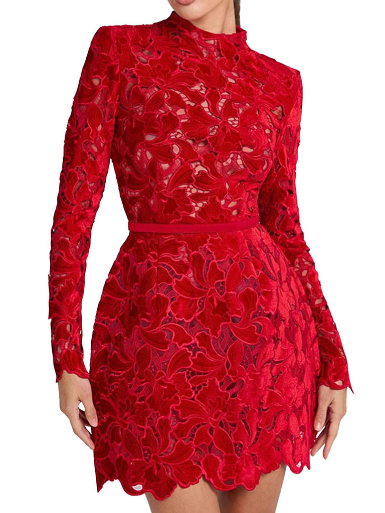 1960s Flocked Floral Lace Half Turtleneck Dress - vintage dress, retro fashion