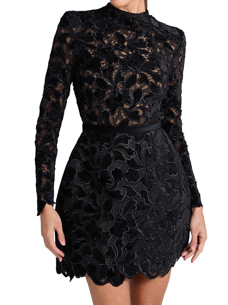 1960s Flocked Floral Lace Half Turtleneck Dress - vintage dress, retro fashion