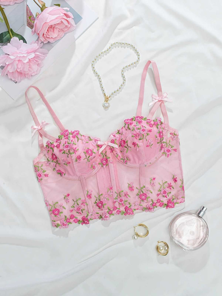 1960s Floral Embroidered Bow Underwire Lingerie — 