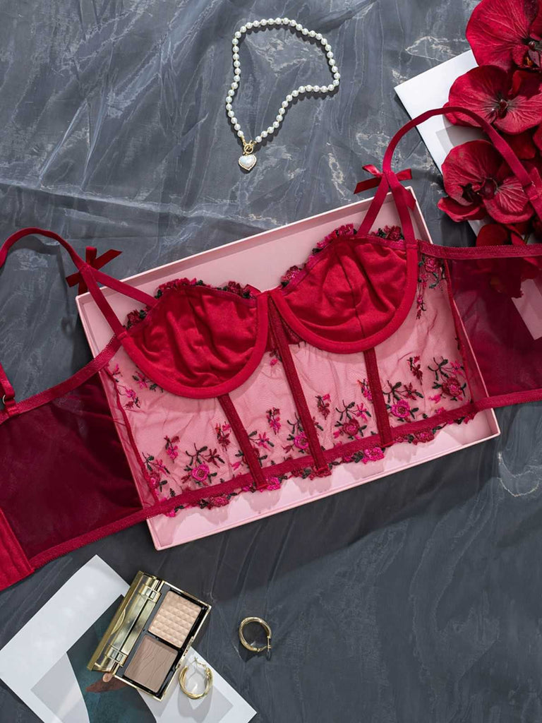 1960s Floral Embroidered Bow Underwire Lingerie: 1