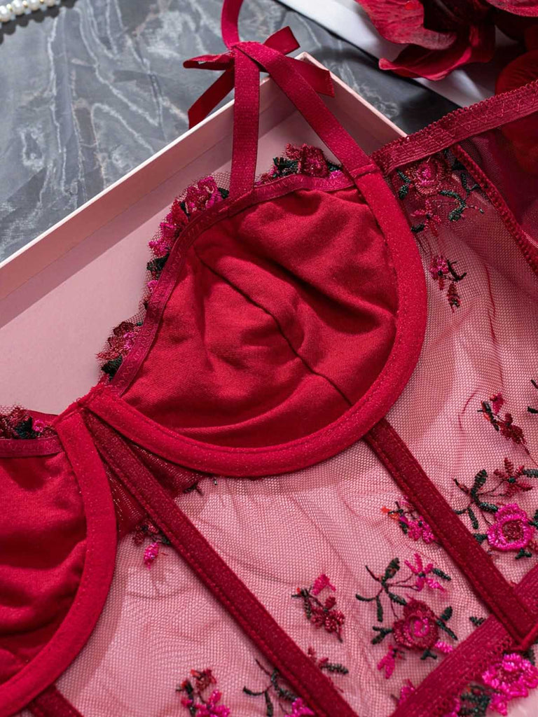 1960s Floral Embroidered Bow Underwire Lingerie — 
