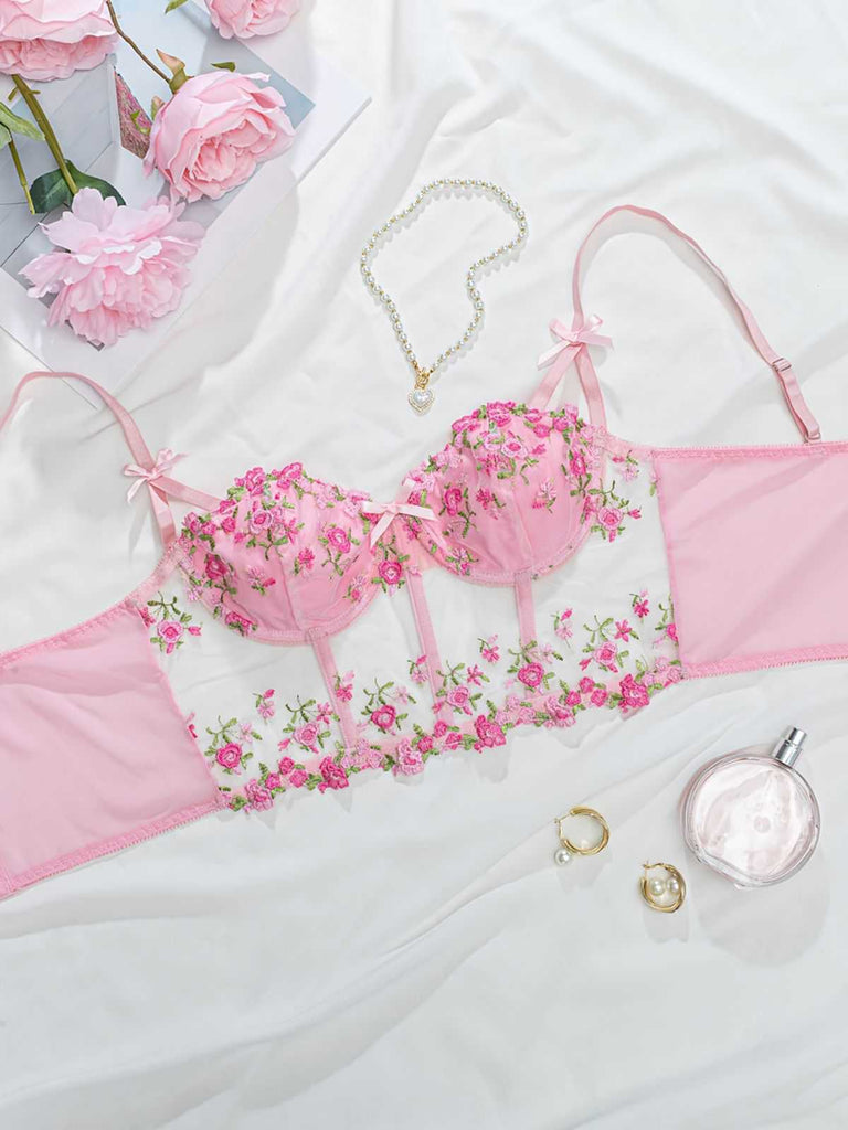 1960s Floral Embroidered Bow Underwire Lingerie — 